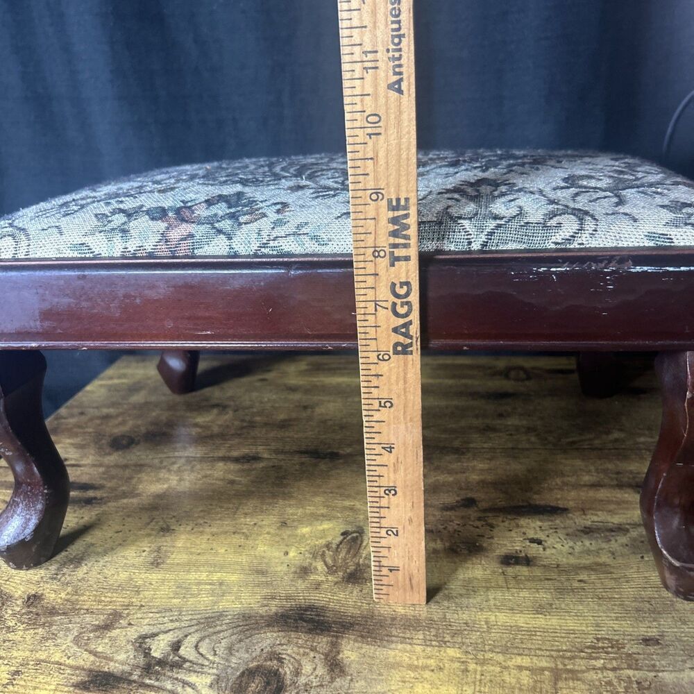 Upholstered Stool Tapestry Floral Wood Trim Vintage Taiwan Poly Pad READ 17x12x9 - Picture 6 of 16